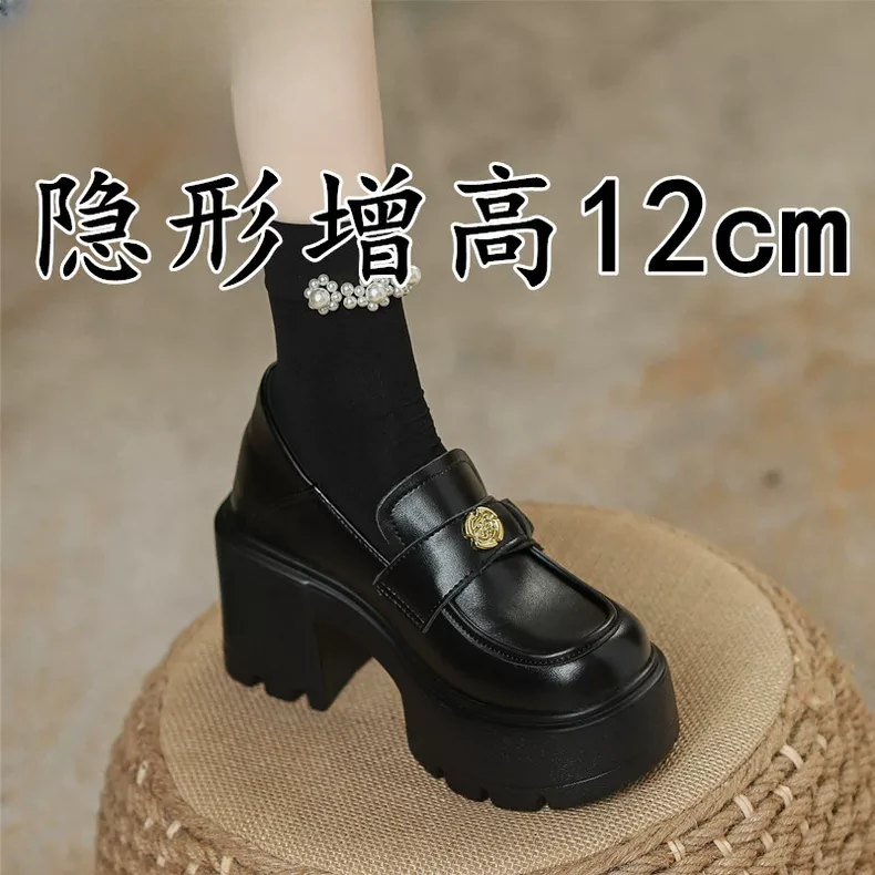 山茶花小皮鞋女小个子内增高12cm超高跟女鞋英伦风小码乐福鞋秋季
