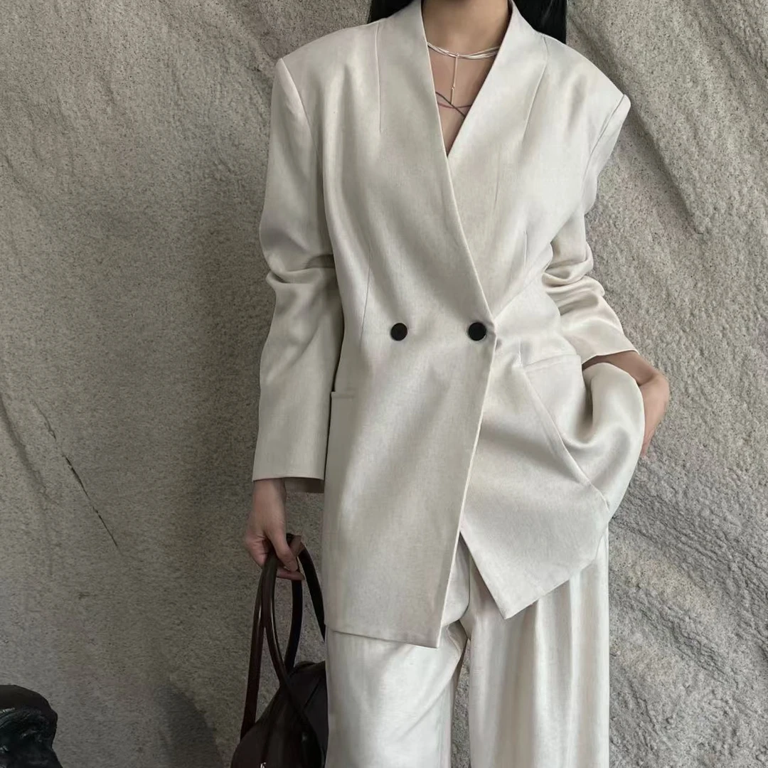 3707号30801#春新款垫肩无领气质双口袋质感西装外套（配腰带）