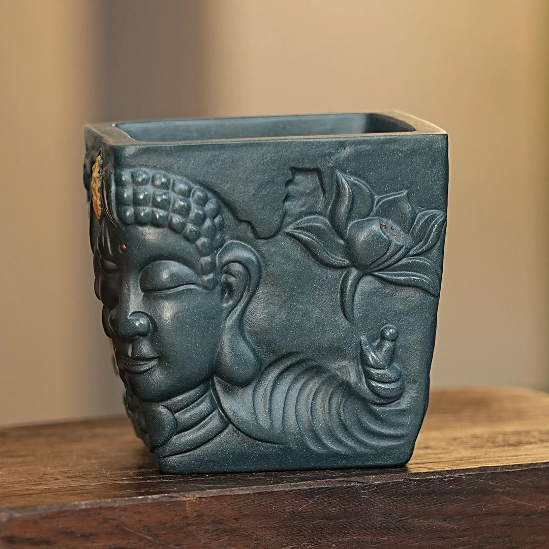 【2737一念之间杯】宜兴原矿紫砂手工堆绘一念之间主人杯 四方杯