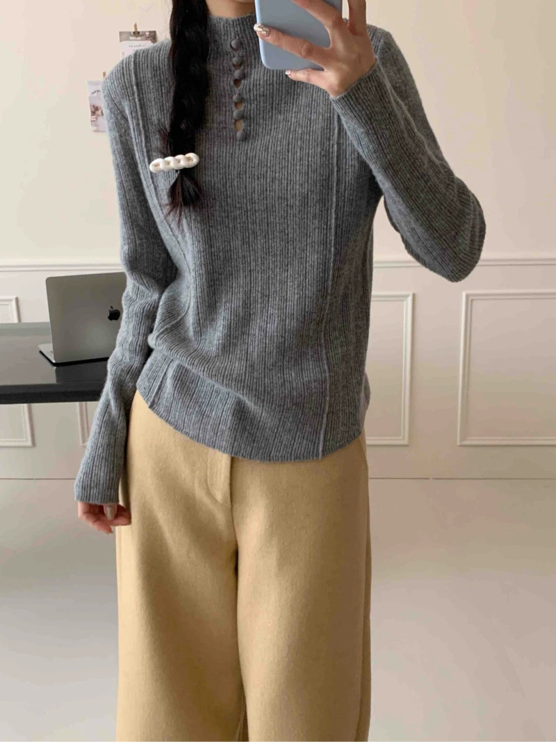 【玥玥家】100%羊毛【不可机洗】60支精纺半高领中领长袖针织衫