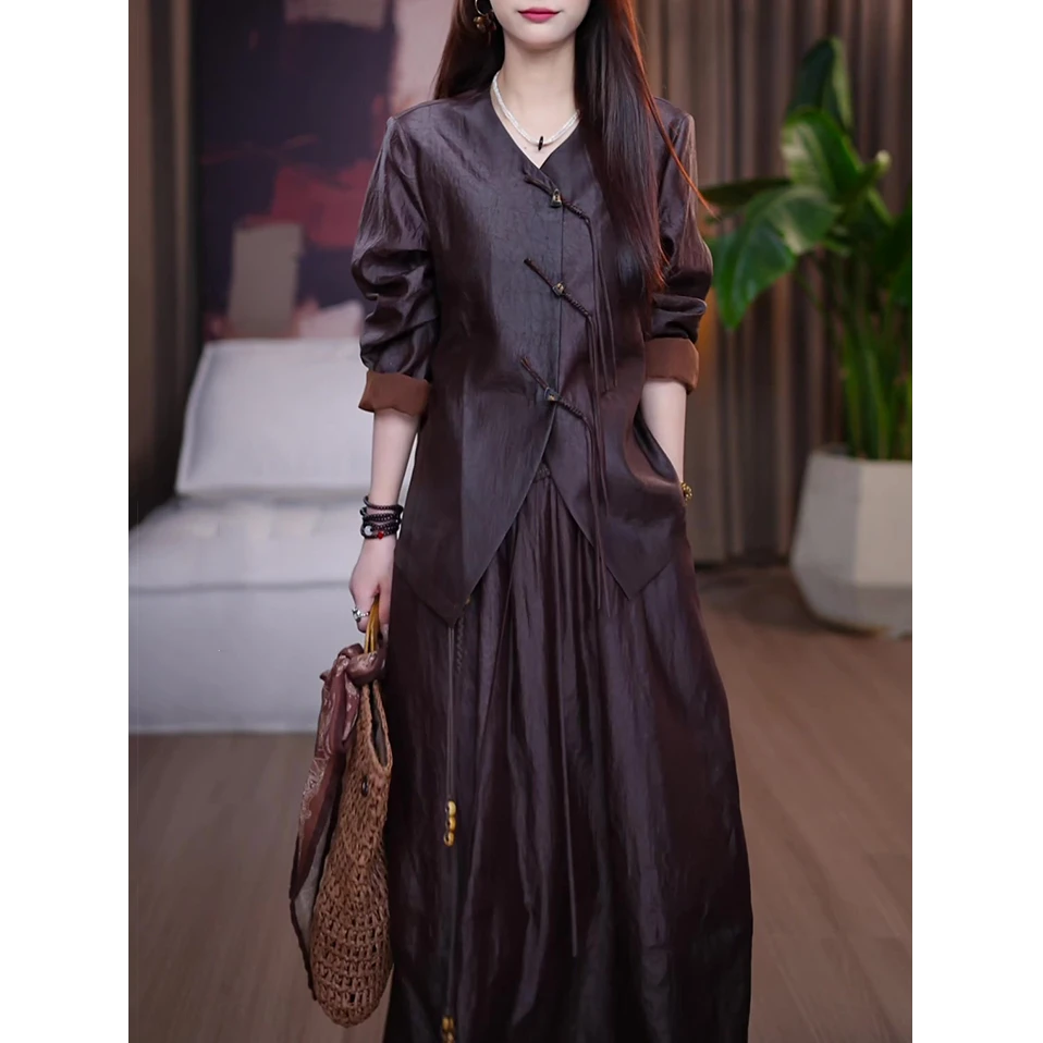 新中式时尚套装女2025秋季新款设计感气质显瘦长袖衬衫+半身裙