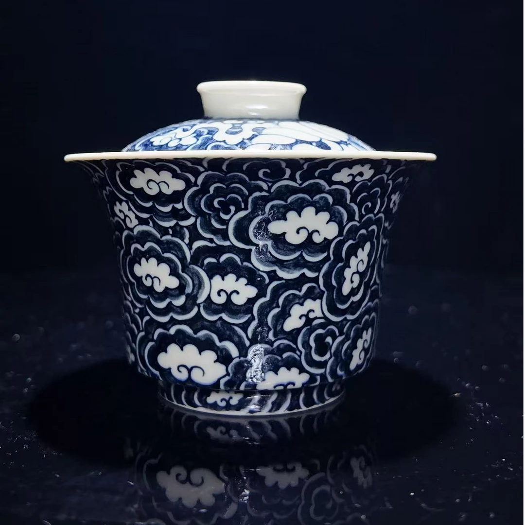 元经秘旨青花云墨麒麟马蹄盖碗