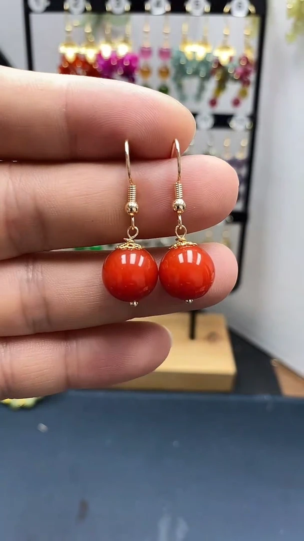 南红玛瑙银S925镀金镶嵌耳饰尺寸12mmC2