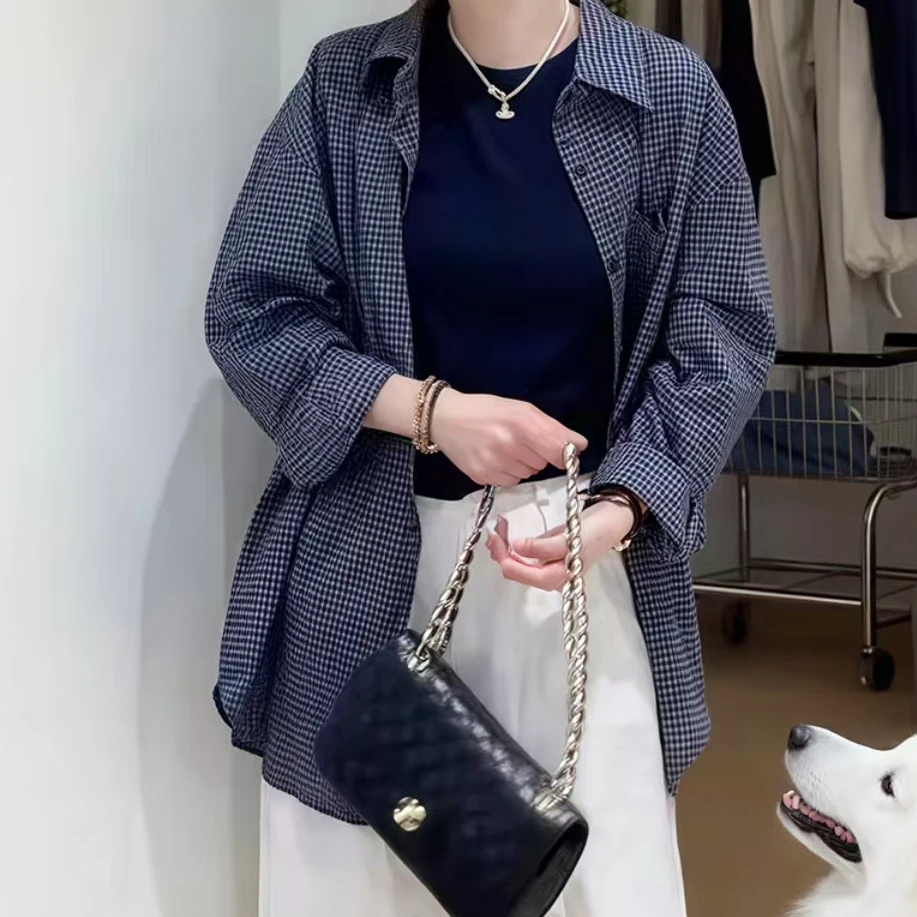 【艾萱萱】8A019款韩版气质小众格纹衬衫女图片与实物不符 约63