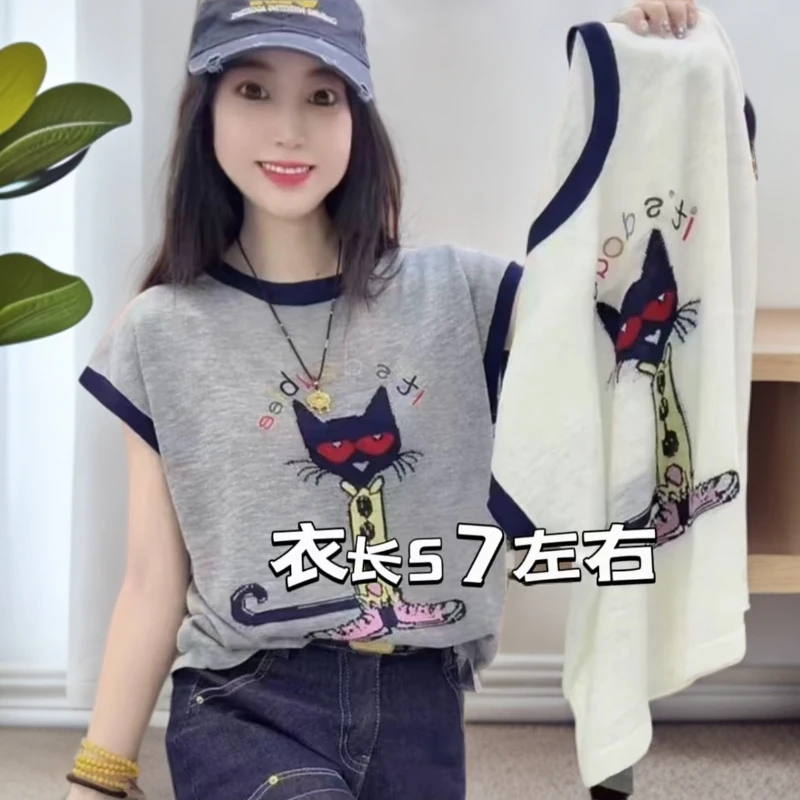 可爱猫咪毛针织衫卡通短袖夏季新款洋气刺绣印花休闲宽松型上衣
