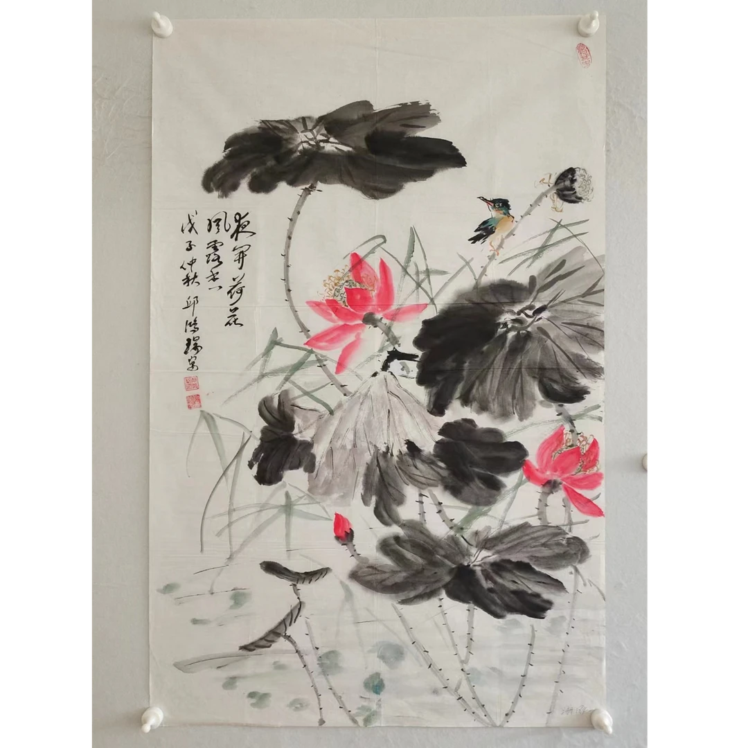 1504纯手绘《夜开荷花》中堂  尺寸：108cm*68cm