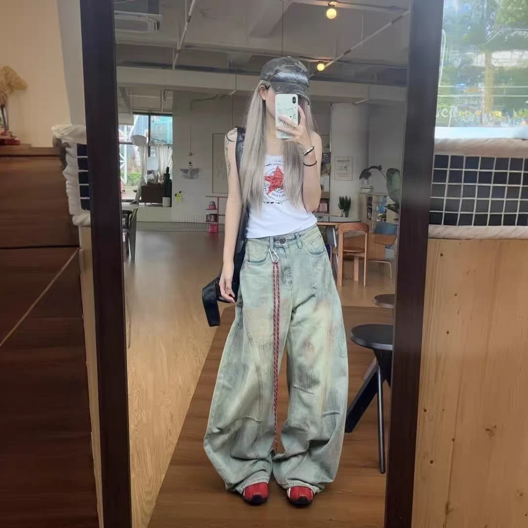 美式复古脏染做旧弯刀牛仔裤男女高街宽松解构设计感阔腿拖地长裤