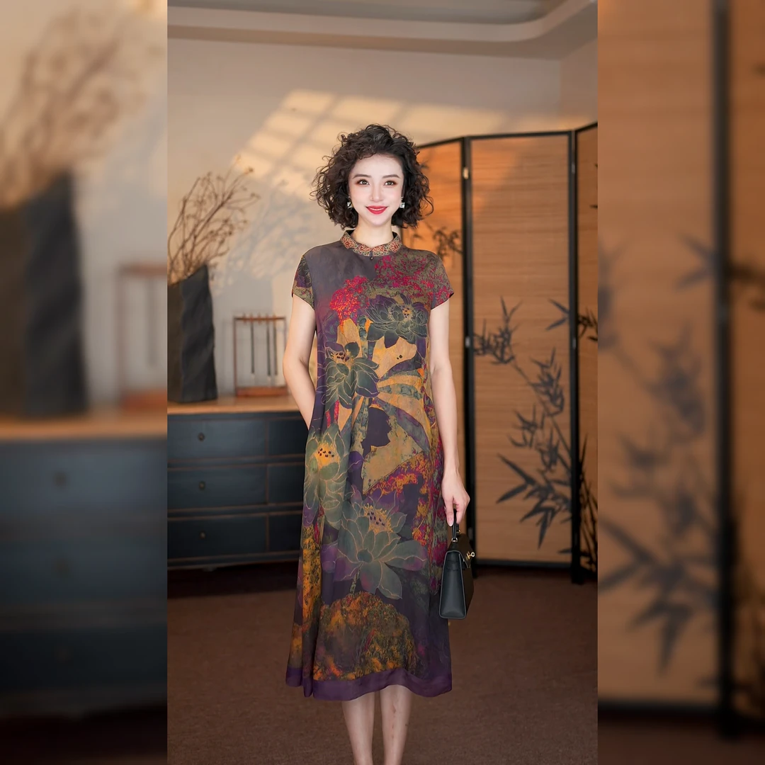 E6097 香云纱连衣裙改良式旗袍立领真丝桑蚕丝中式复古女士中长裙