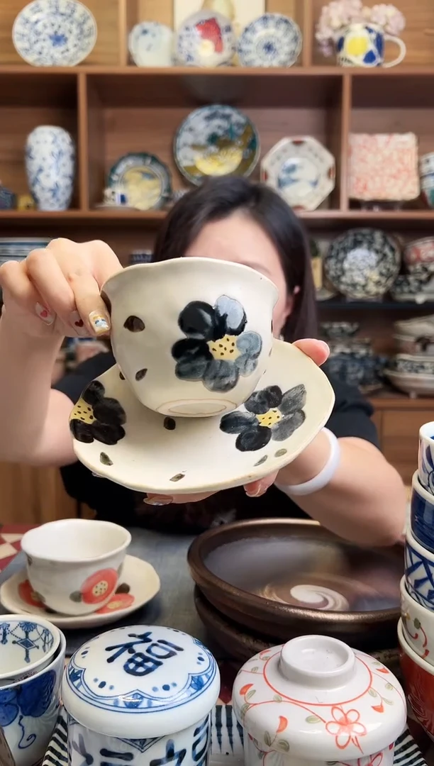 瓷片常滑烧花颜套杯（墨花）