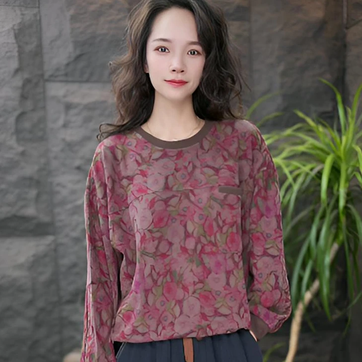 JJ印花套头落肩袖保暖秋季宽松卫衣国风中式盘扣上衣碎花长袖复古