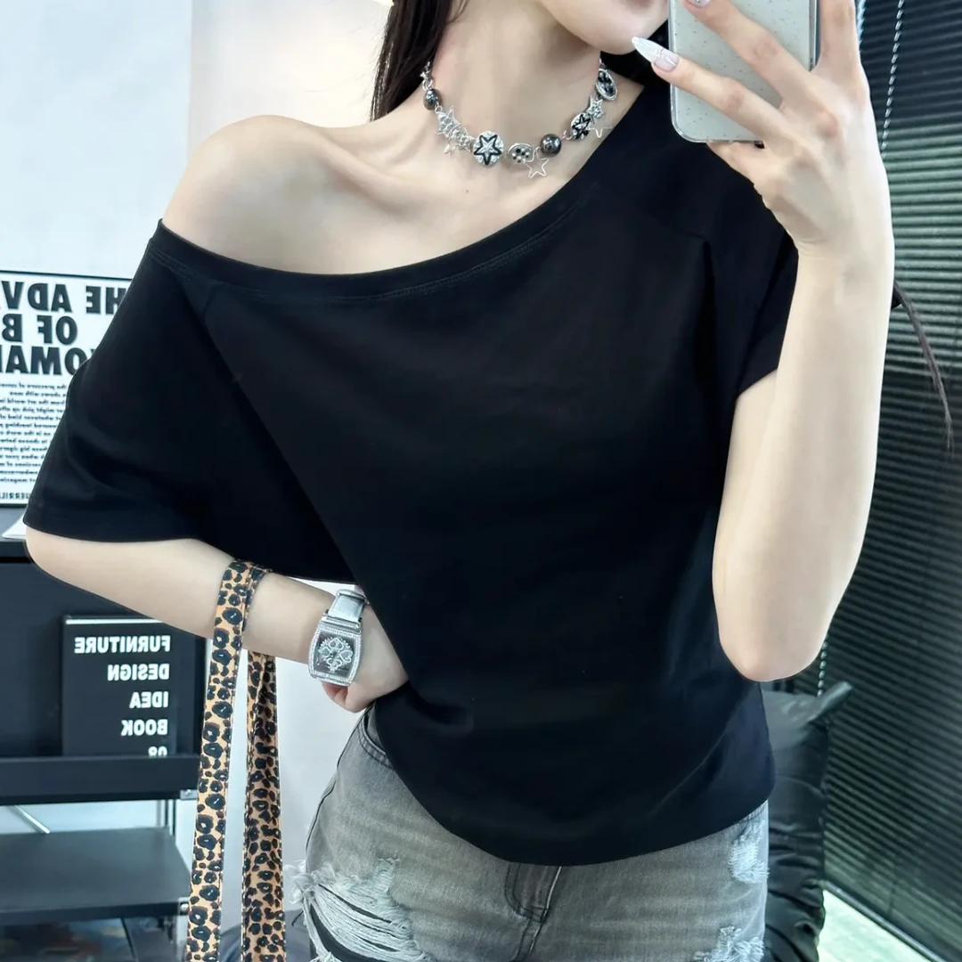 2025夏季新款设计感斜肩一字肩短袖T桖女显瘦露肩宽松时尚百搭