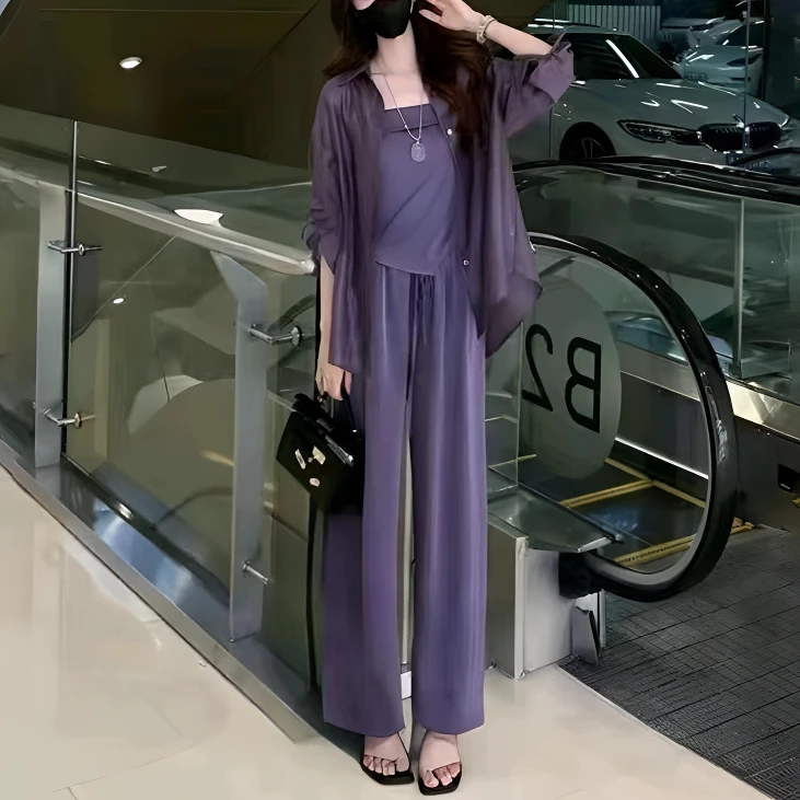 夏季休闲风阔腿裤紫色宽松显瘦减龄女装时尚套装洋气高腰