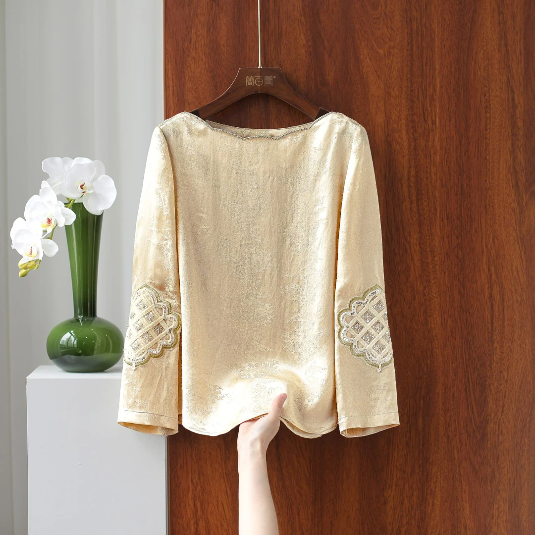 2025新款新中式一字领中式气质提花衬衫加厚加密缎面上衣衬衫