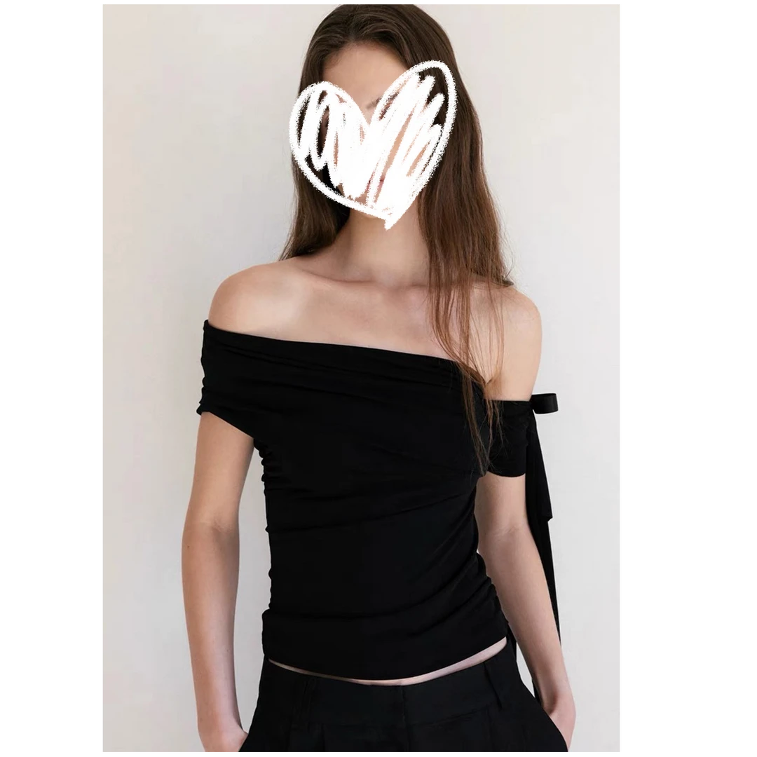 韩系春夏设计感不规则斜露肩个性斜肩修身T恤衫短袖