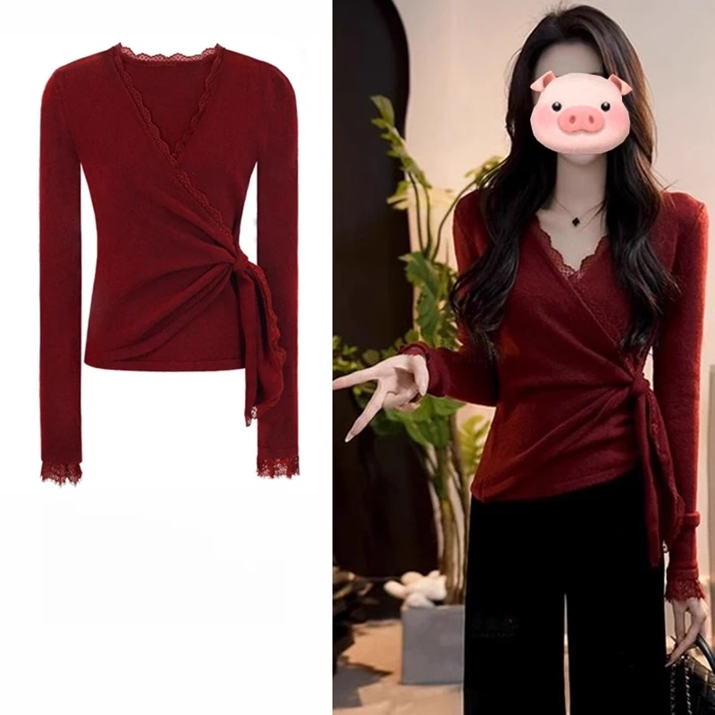 超好看红色蕾丝V领长袖针织衫女春季收腰设计感系带打底衫上衣