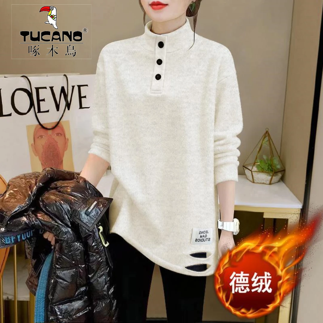 TUCANO/啄木鳥女破洞套头打底衫字母针织落肩袖大码T恤长袖中长款