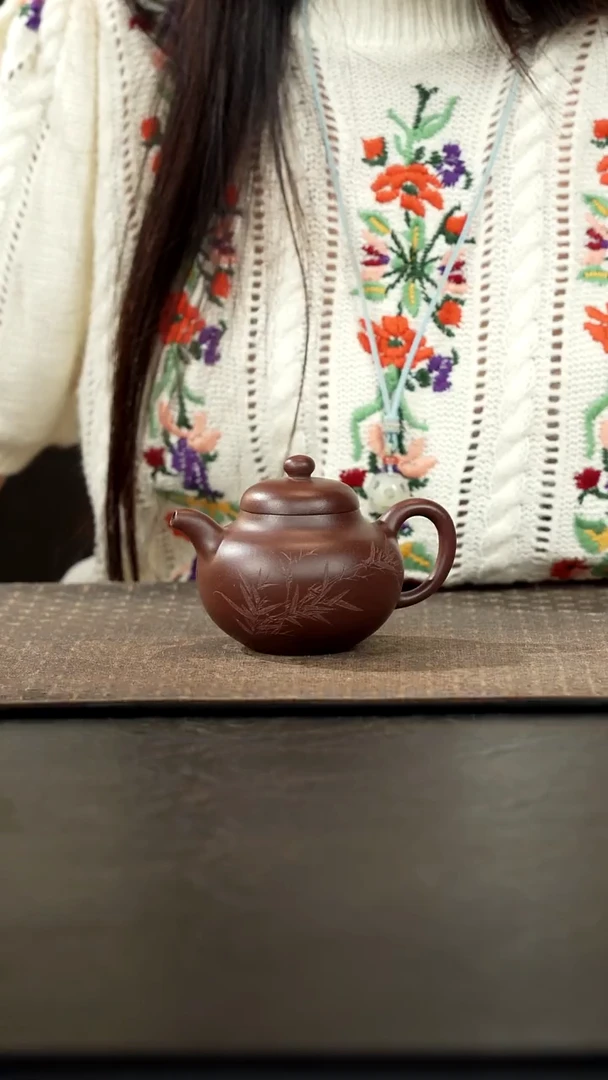 茶壶紫砂刻绘老紫泥柿圆壶200cc