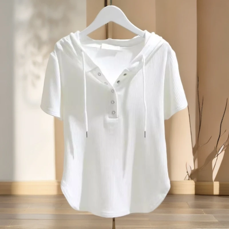 七分袖抽绳短袖连帽T恤男士夏季新款拼接小众休闲洋气上衣衬衫男