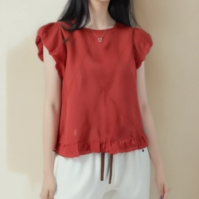 2025夏季新款时尚设计感圆领衬衫不规则下摆短袖衬衣LK2504033