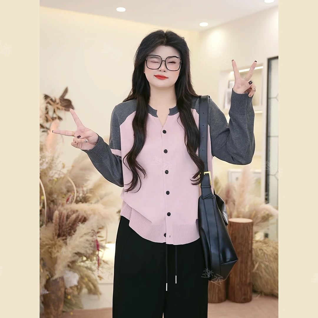 梦丞-宽松显瘦长袖大码女装胖mmV领条纹小狗刺绣减龄针织衫上衣