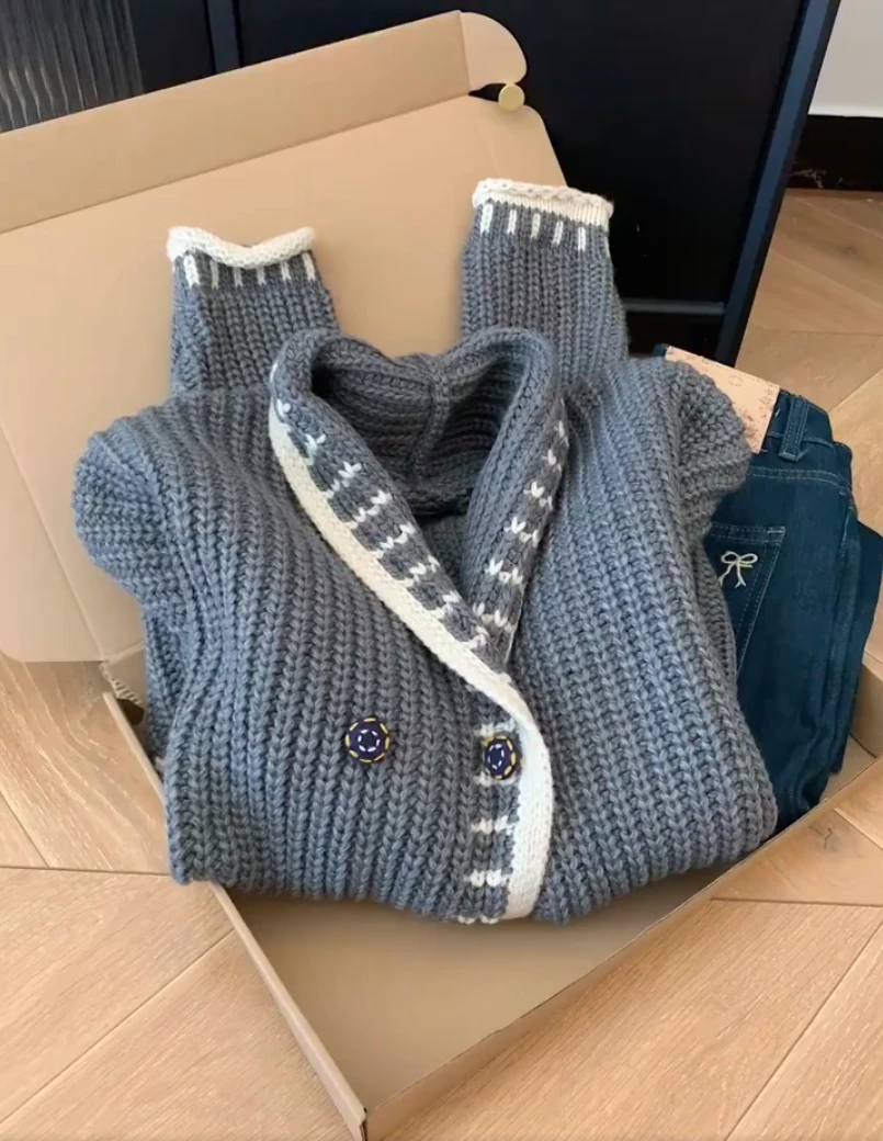 2025秋冬装新款女法式领双排扣粗针毛线针织衫开衫外套