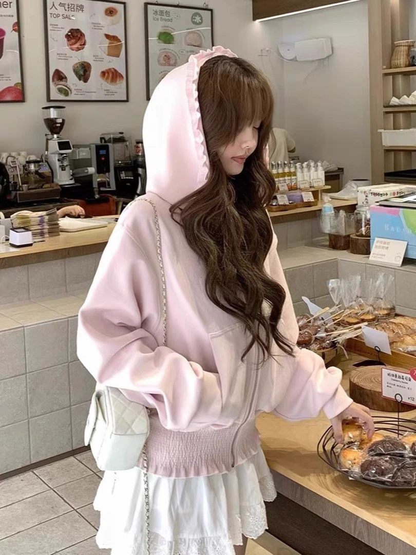三三 (韩女感2.0)♥ 木耳边连帽卫衣 甜美早秋外套