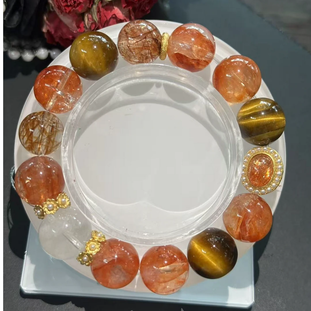 《偶遇日进斗金》黑金超+金虎眼+红胶花+白幽灵DIY手串