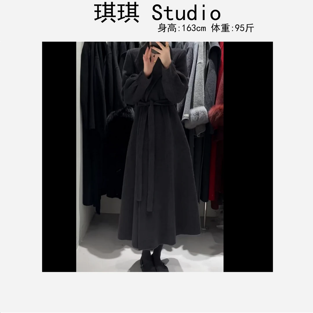 冬季新款轻奢高级感中长款翻领腰系带气质时尚显瘦减龄羊绒大衣-N