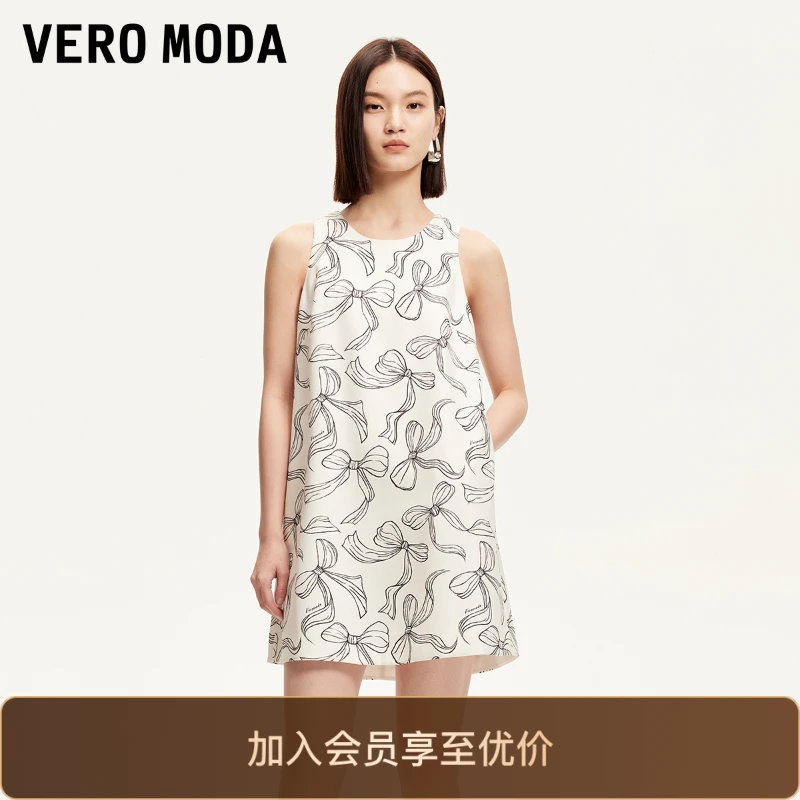 Vero Moda连衣裙2025圆领蝴蝶结印花无袖洋气短裙小众慵懒风贵气