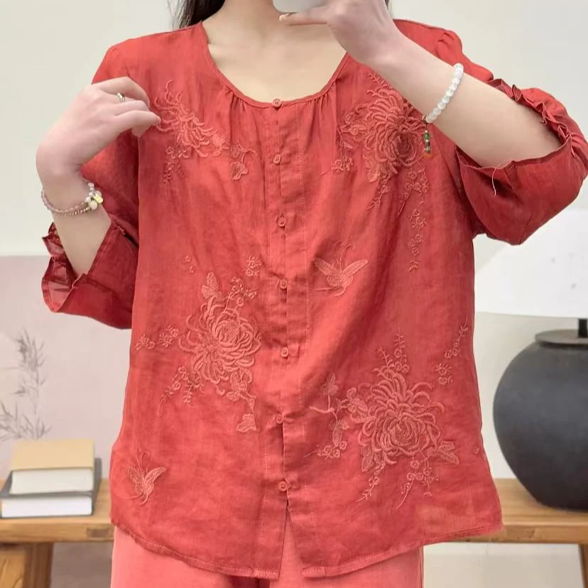 8062重工刺绣苎麻开衫（衣长60左右）