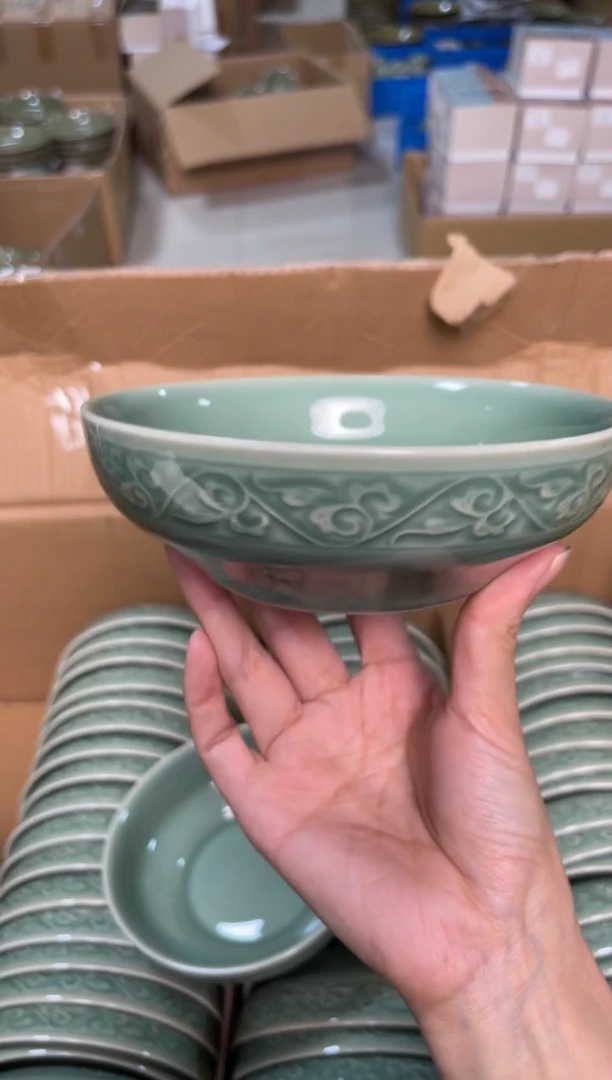 陶瓷耀州窑青瓷6英寸福字蒸碗   单只