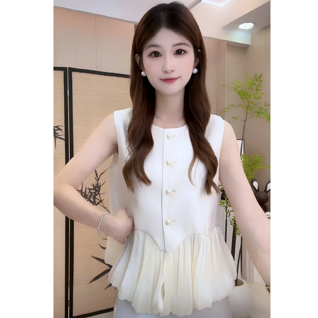 【现货+运费险】法式珠光网纱拼接无袖上衣女夏季2025新款小香显瘦