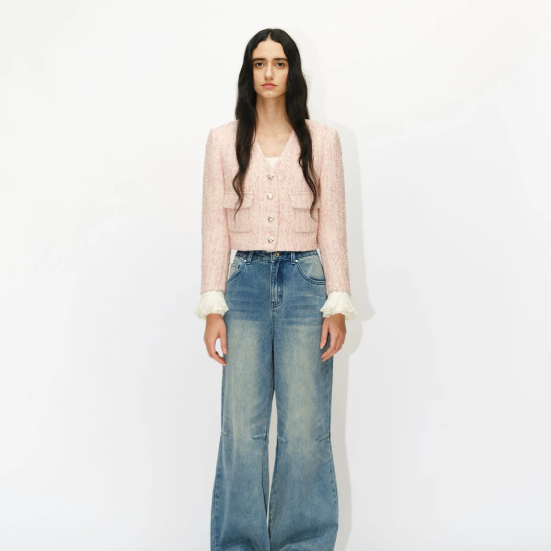 Vera Seriase 新款甜美温柔V领精致粉色小香风套装1J1B1WT120