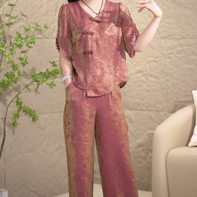 【上衣+休闲裤】2025夏季新款高端时尚优雅中式国风气质减龄两件套