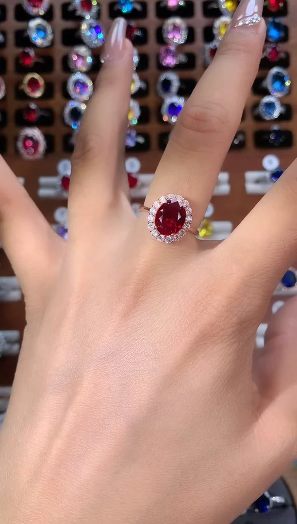 银S925镶嵌戒指红宝石810酒红玫瑰金