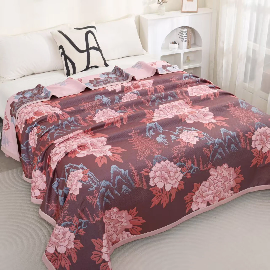 【山水牡丹】莱赛尔天丝轻奢柔软纱布盖毯床盖--230*250