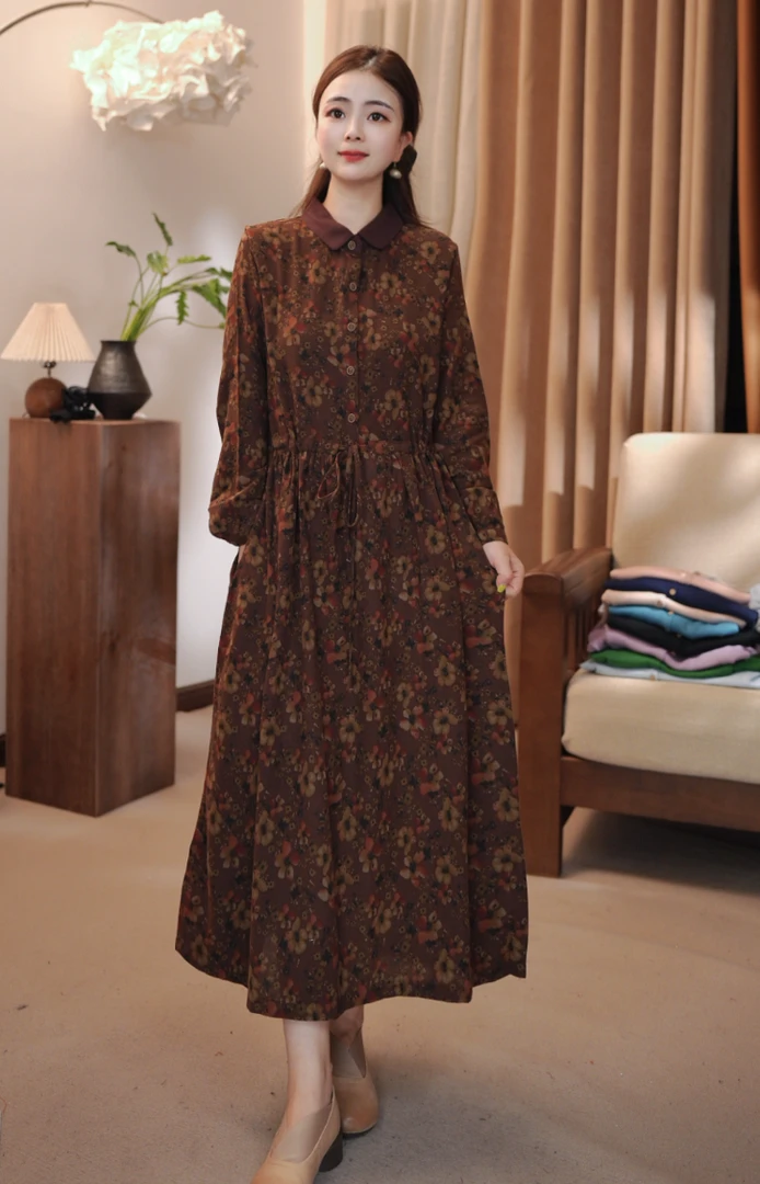 秋季新款高档长款印花宽松收腰显瘦门禁带扣连衣裙长裙887