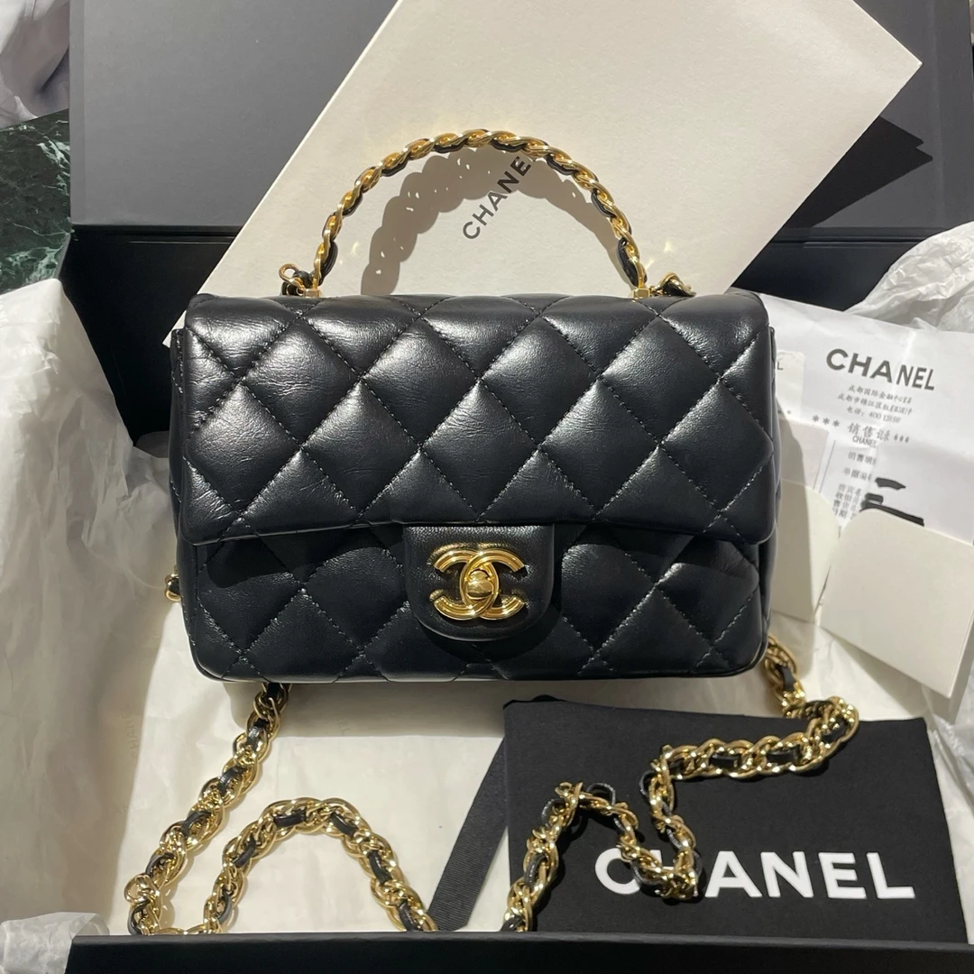 99新 Chanel/香奈儿 23s黑金手柄大mini单肩斜挎包