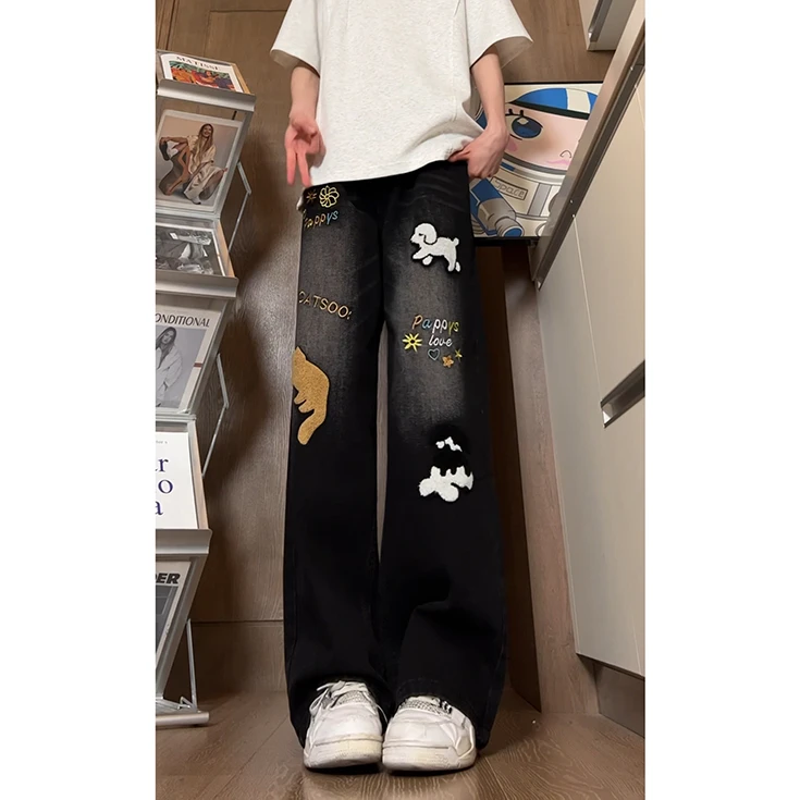 美式涂鸦小狗印花牛仔裤设计感小众高腰宽松直筒百搭休闲阔腿裤子