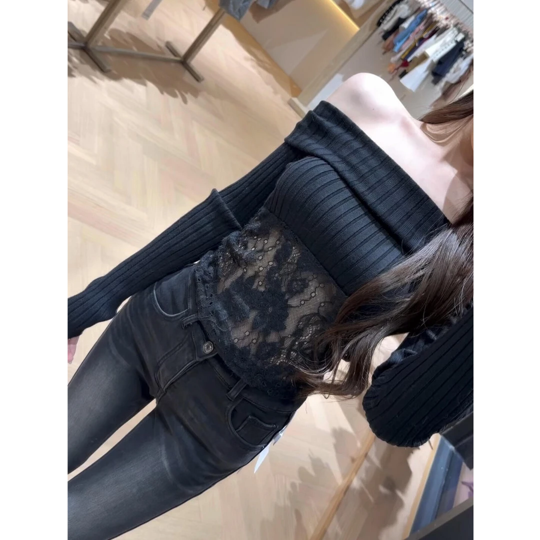 韩系气质女神2025秋冬ins性感一字肩蕾丝拼接针织上衣配裤子套装