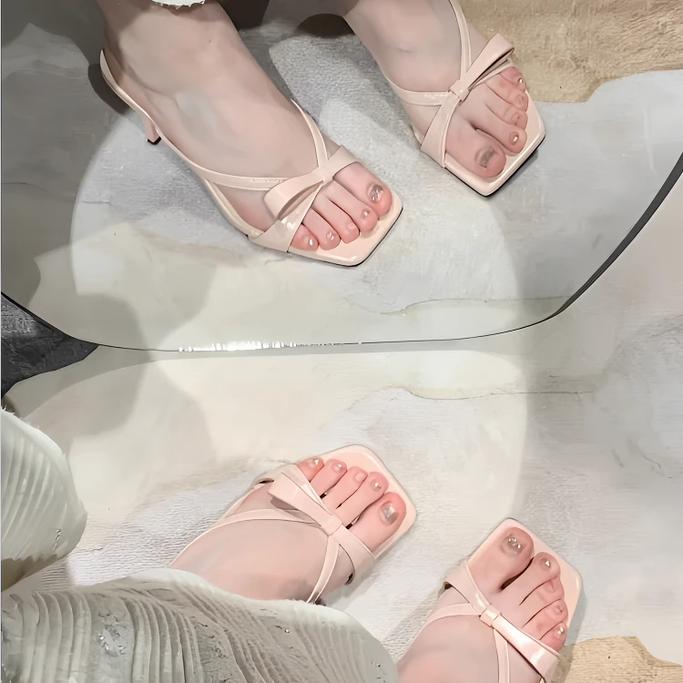 网红仙女风法式猫跟凉拖夏季外穿一字带蝴蝶结方头细跟高跟拖鞋女