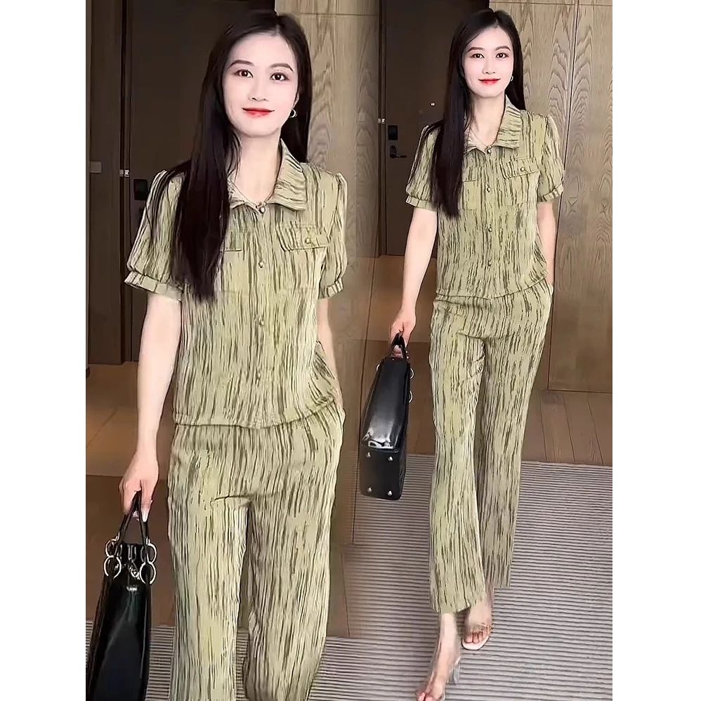 时尚套装女2025夏季新款洋气显瘦冰丝短袖上衣阔腿裤减龄两件套潮