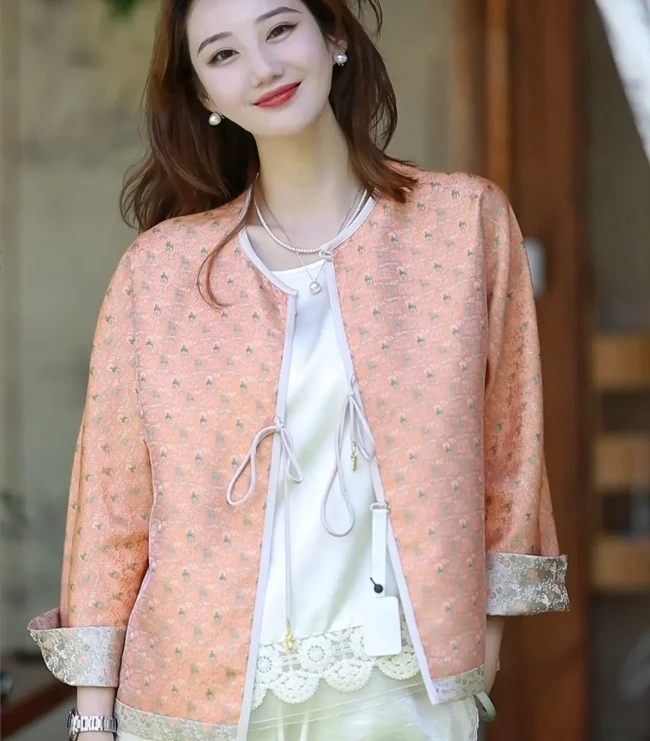 ELFBOX-夏季新款国风唐装盘扣宋锦两面穿外套女装女春秋2024