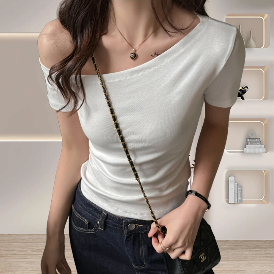 显瘦短袖T恤辣妹一字领露斜肩短袖t恤女内搭修身打底弹力上衣夏季