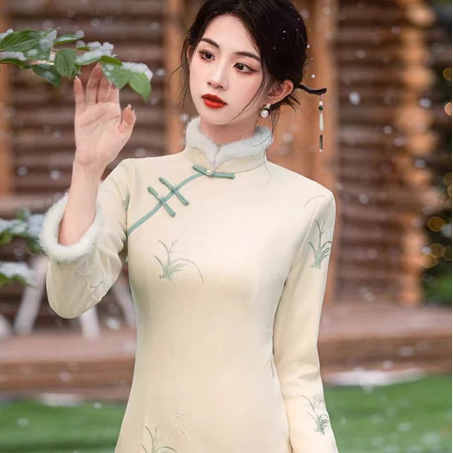 恬子梦 T636 冬季新款 冬莲 裙长120 加绒加厚长袖旗袍