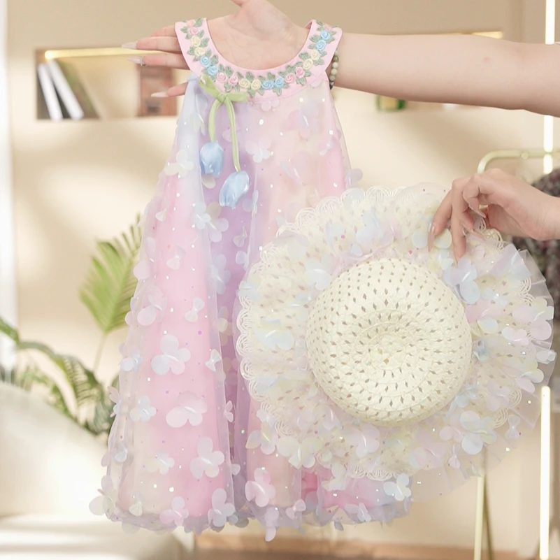 女童无袖蝴蝶可爱花朵夏季童装套装薄款连衣裙SL0226