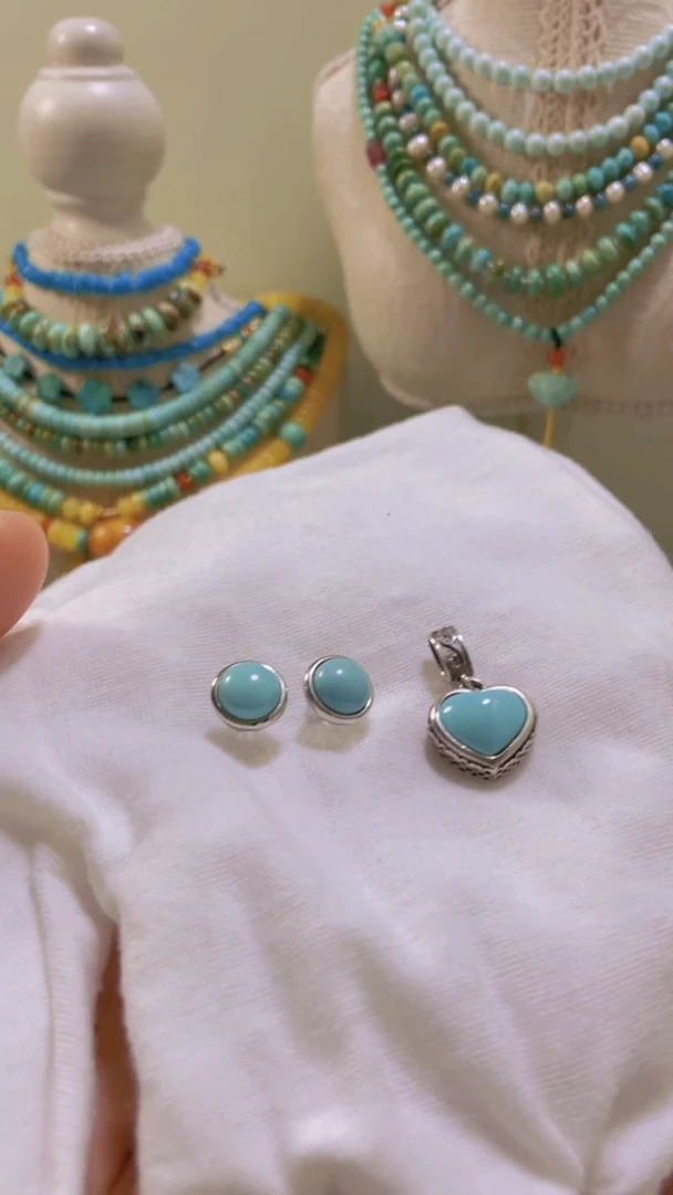 银S925镶嵌绿松石珠宝半成品8.6mm耳钉12.4mm吊坠