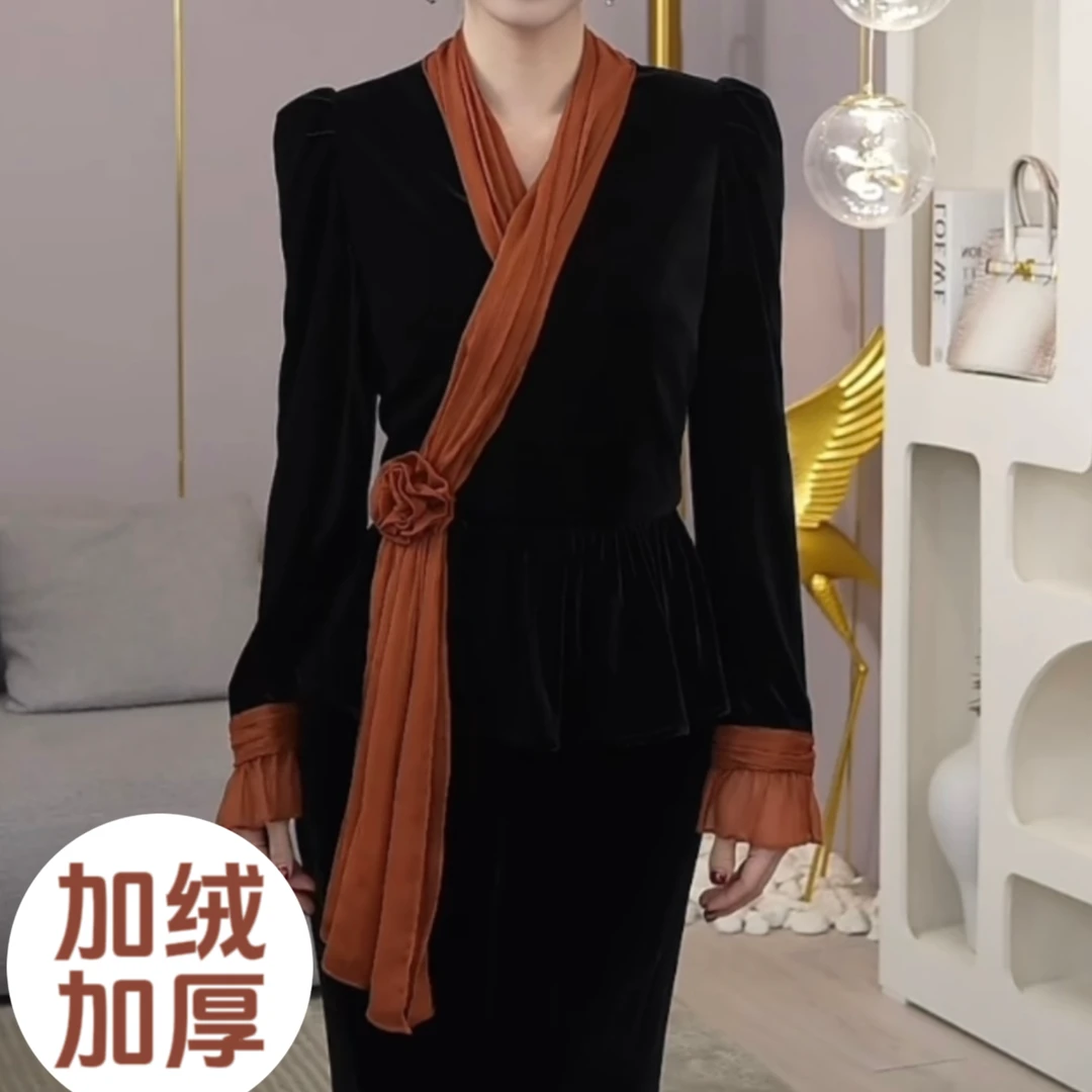 现货2025春季新款【ZM23-D188】高级感轻奢黑色拼接丝绒显瘦上衣女