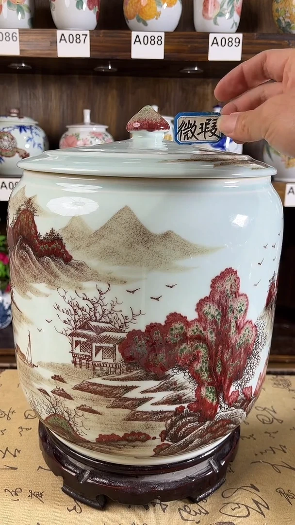 【闪购商品】纯手工手绘山水原矿釉里红大号储物罐