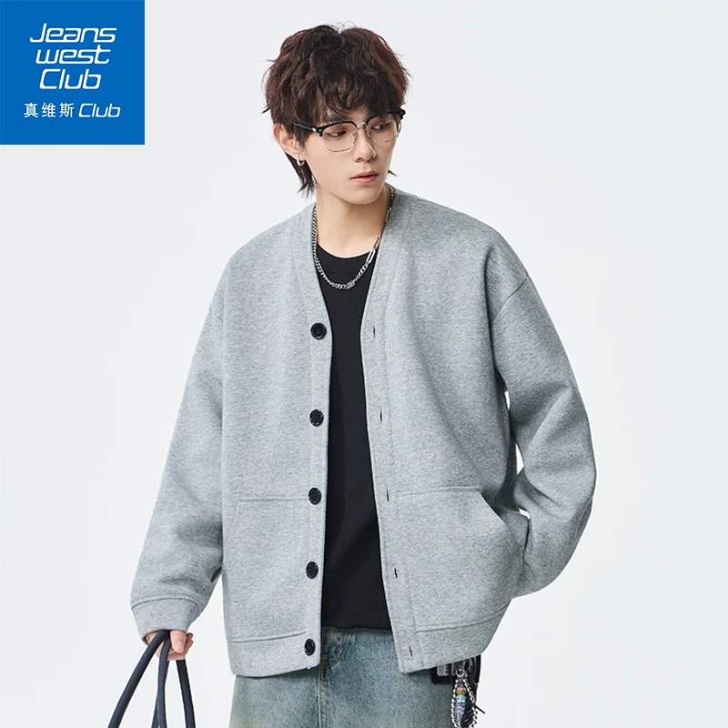 真维斯club秋季新款V领针织开衫夹克男韩式小众潮流休闲宽松百搭